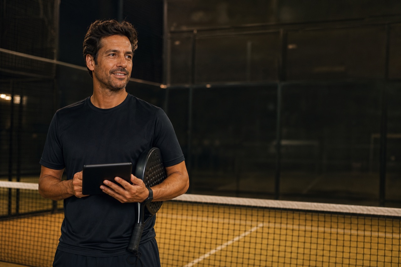 A padel coach on court holding a tablet