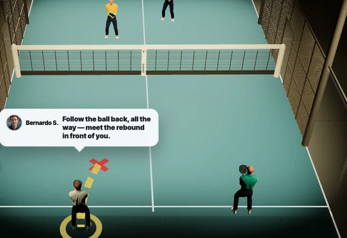 A real drill frame: the coach bubble, the wrong-spot mark, and the coached position ring drawn on the court